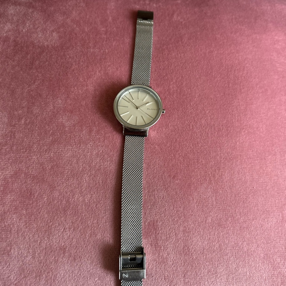 Minimalist Silver Mesh Watch with Light Dial